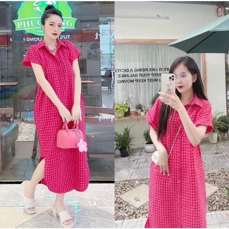 Váy sơ mi váy suông nữ đầm suông sơ mi form rộng họa tiết kẻ caro hồng hottrend