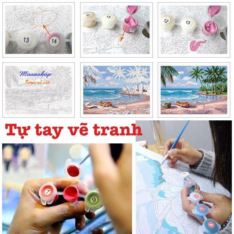 Tranh sơn dầu số hóa rẻ,đẹp-tranh tô màu theo số- tranh mèo thần tài , Tặng khăn,khung gỗ 40x50-Moonshop