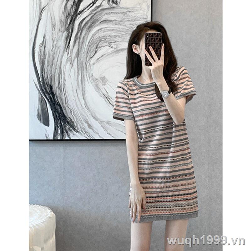 ◑Đầm Dệt Kim Dáng Suông Họa Tiết Kẻ Sọc Màu Sắc Ngọt Ngào Thời Trang Mùa Hè Cho Nữ