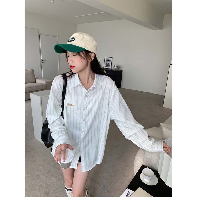 Áo sơ mi tay dài dáng rộng họa tiết kẻ sọc thời trang cho nữ | BigBuy360 - bigbuy360.vn