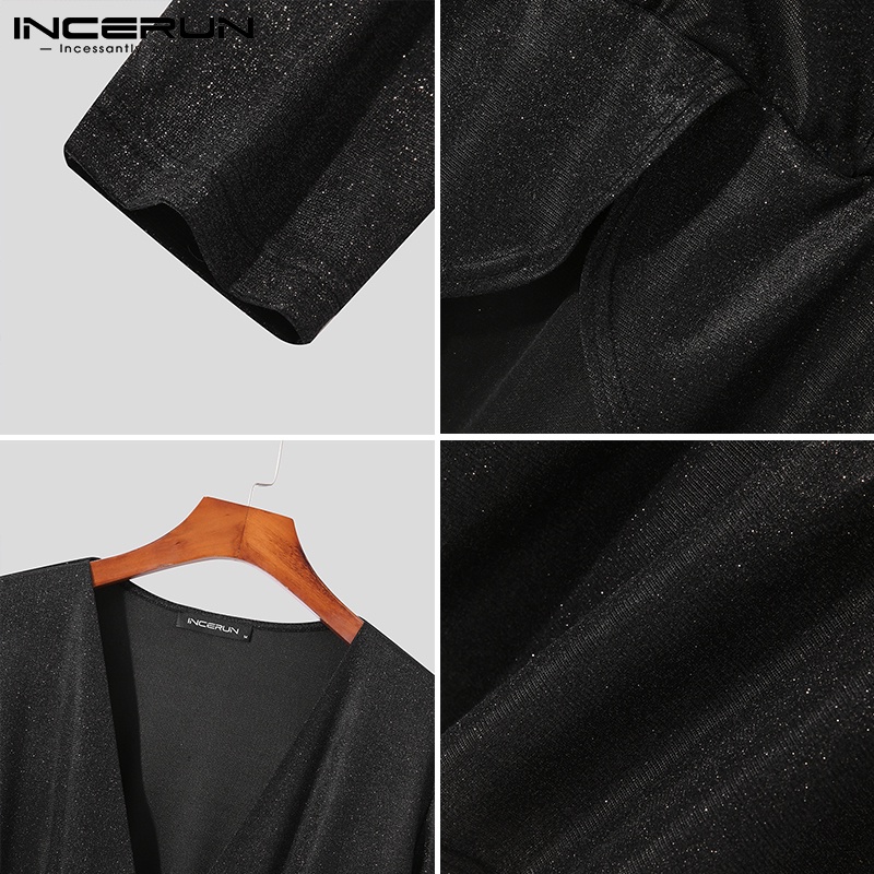 Áo sơ mi INCERUN tay dài cổ chữ v màu đen thời trang cho nam