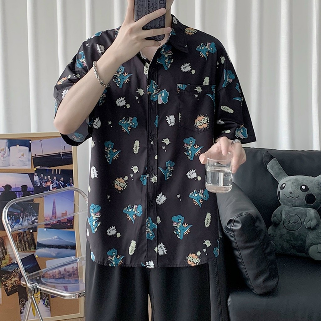 Áo Sơ Mi Ngắn Tay Unisex In Khủng Long Siêu Cute | BigBuy360 - bigbuy360.vn
