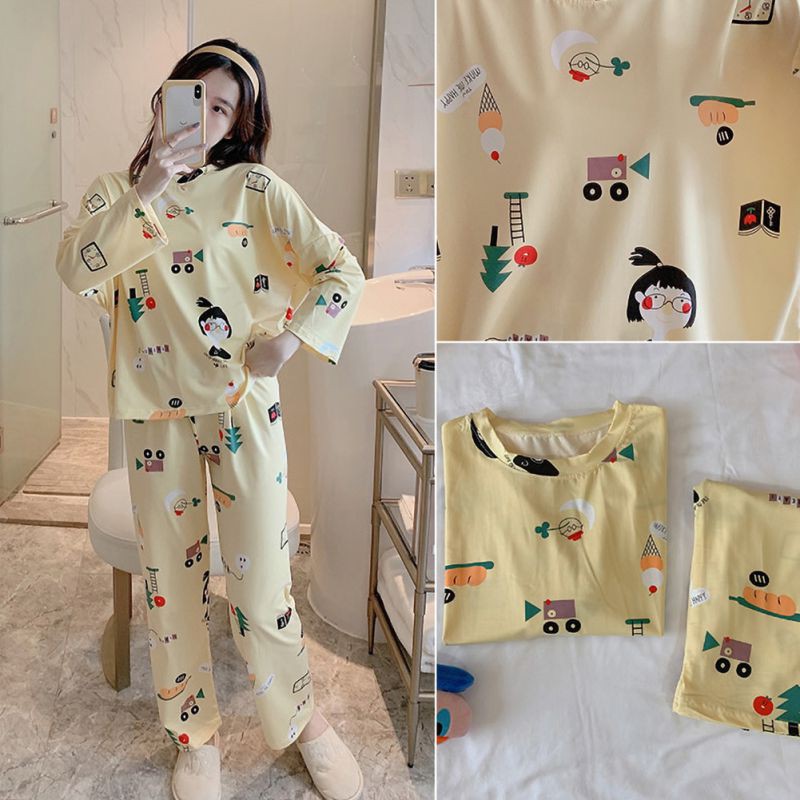 Ladies Casual Loose Cute Cotton Cartoon Print Long Sleeve 2-Piece Set