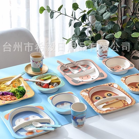 Set Ăn Dặm 5 món Cho Bé Hình Động Vật Gồm Cốc, Bát, Thìa, Dĩa và Khay 2 Ngăn Làm Từ Tre Bamboo Kháng Khuẩn - LAI'S STORE