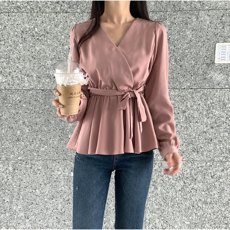 Áo kiểu nữ tay dài cổ chữ V thời trang Hàn Quốc 32531