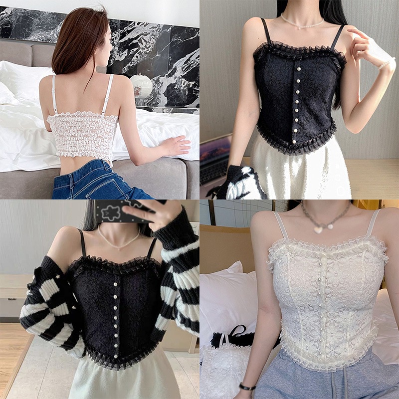 Áo Hai Dây Croptop Màu Trơn Phối Ren Có Đệm Ngực Phong Cách Hàn Quốc Thời Trang Mùa Hè