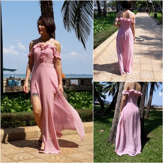 Maxi rớt vai xẻ tà, đầm xuất