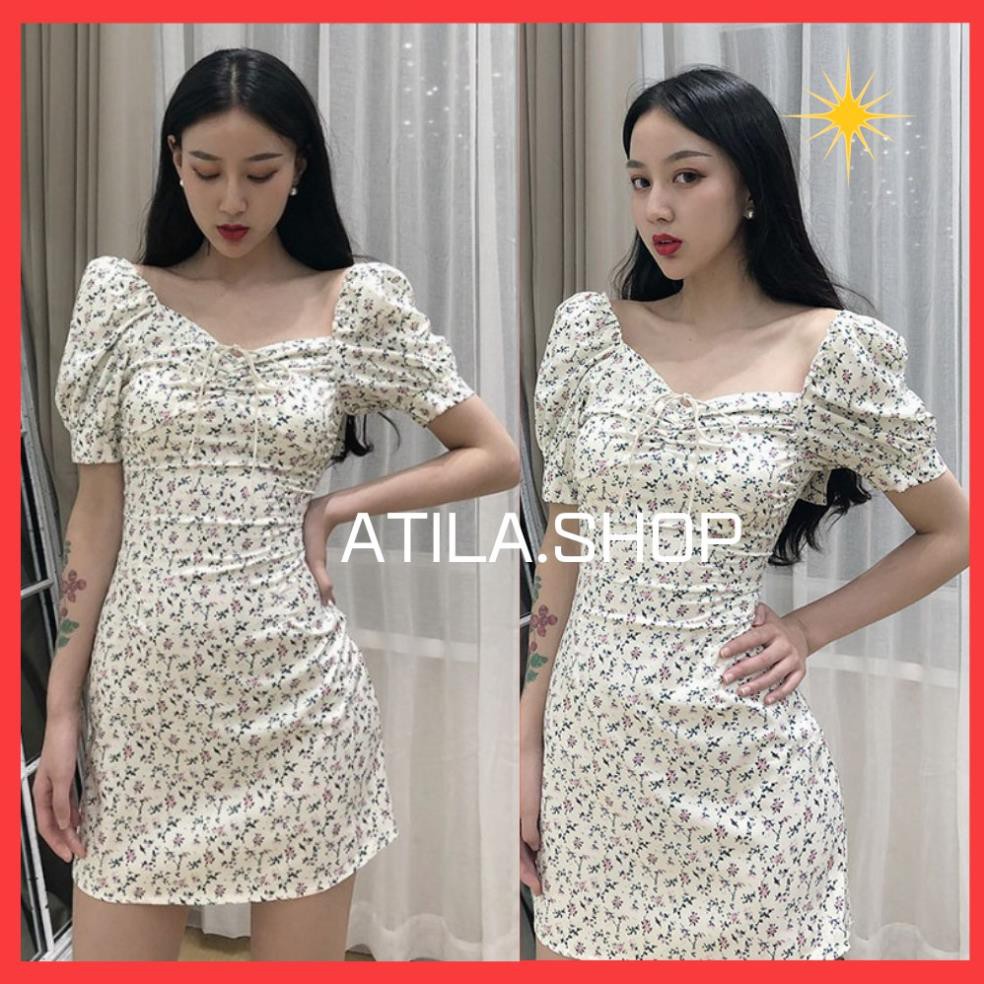 Váy nữ , váy hoa nhí ngắn tay vintage dáng váy ngắn tay bồng nhún ngực cột dây ATILA.SHOP  ྇