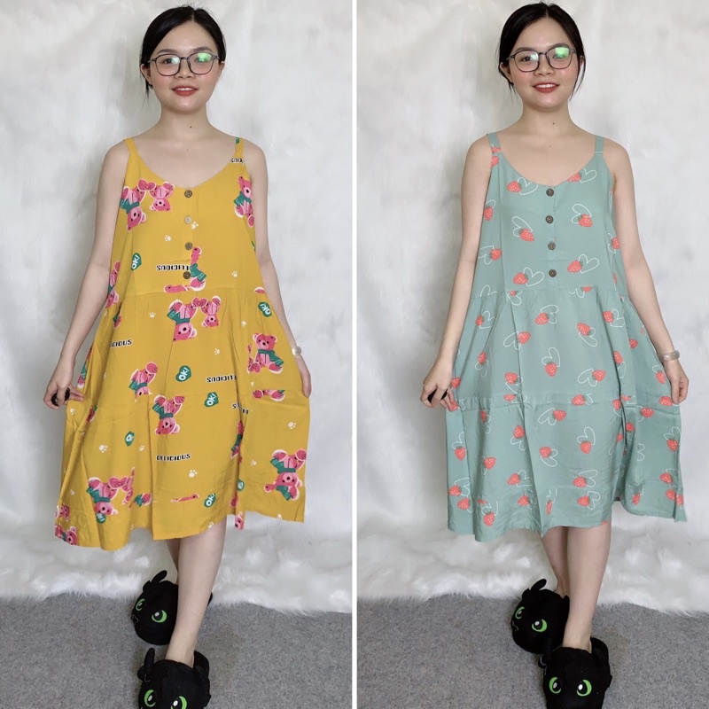 Váy ngủ 2 dây nút ngực