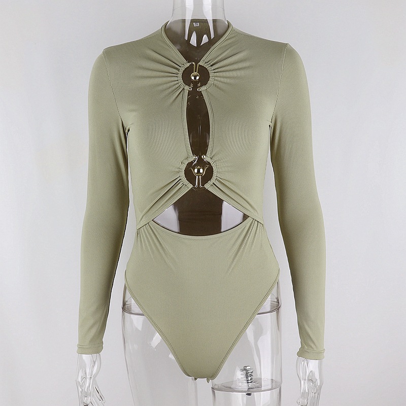 DUNEA Bộ áo liền quần tay dài phối vòng kim loại sành điệu thời trang có 3 màu tùy chọn cho nữ