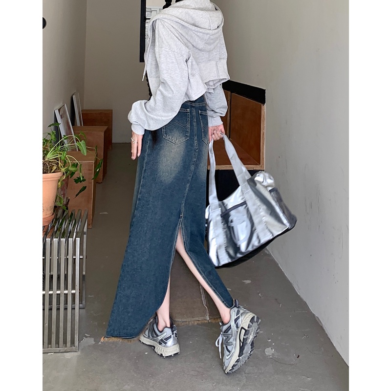 「MOTEL7」 Niche ~ Chân Váy Denim Đuôi Cá Lưng Cao Xẻ Tà Phối Bèo Lá Sen Phong Cách retro Cho Nữ