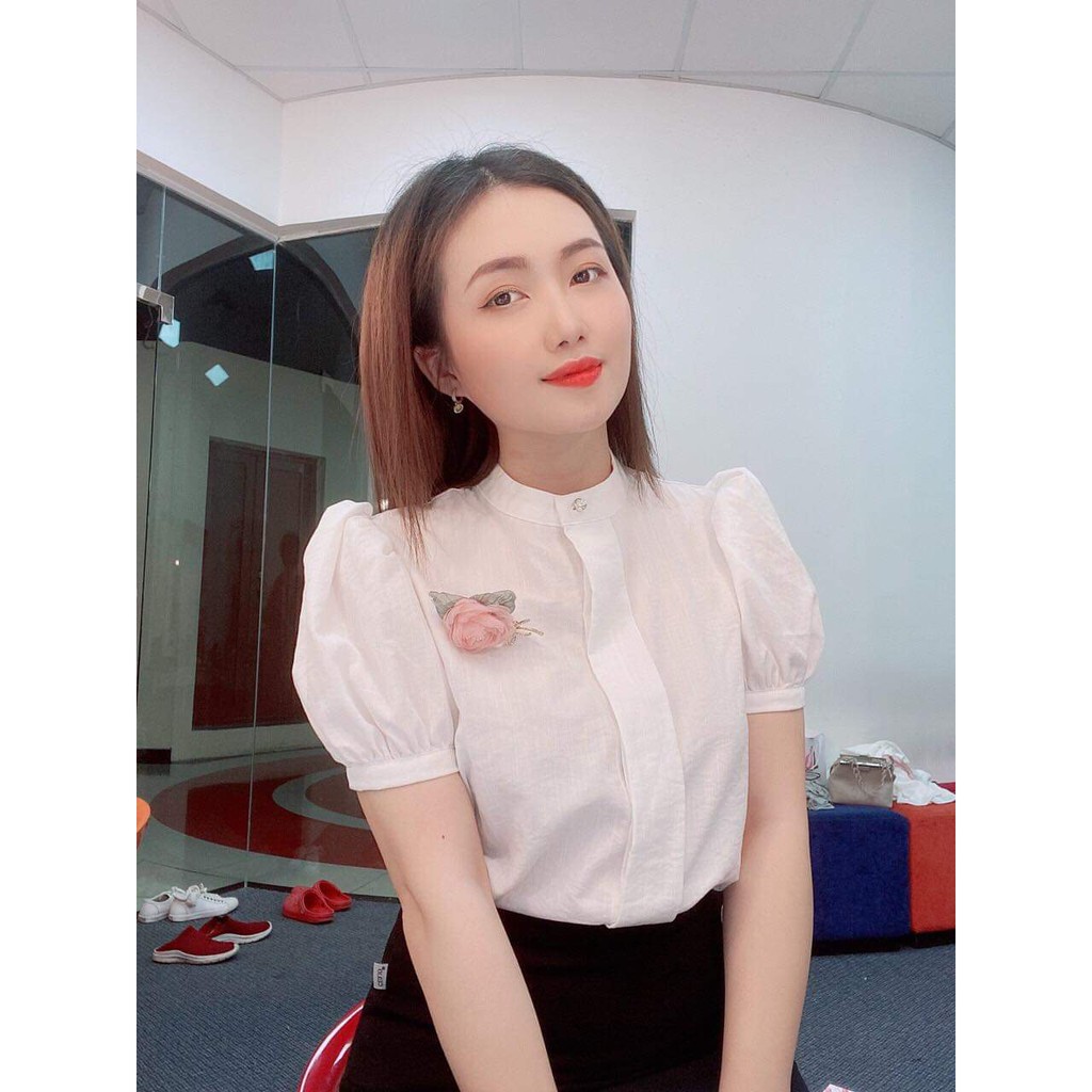 Áo Sơ mi nữ cổ trụ đính hoa ngực thời trang ♥️hot trend 2021