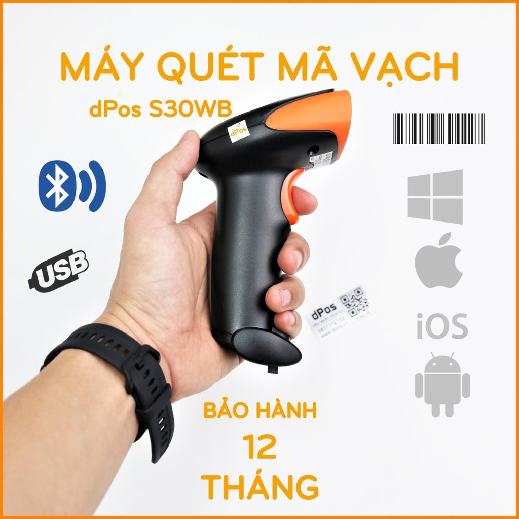 Máy quét mã vạch không dây Bluetooth dPos S30W Scan mã vạch Barcode 1D dành cho shop bán hàng quản lý xuất nhập kho