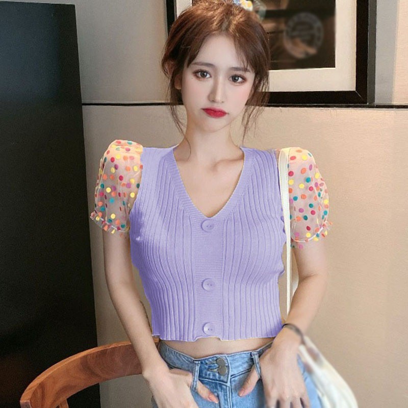 Áo Ngắn Tay Cổ Chữ V Phối Lưới Xinh Xắn Dành Cho Nữ