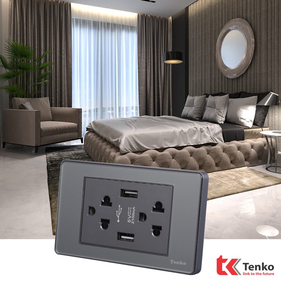 Công Tắc-Ổ Cắm 2 Chấu Âm Tường Mặt PVC Trong Bo Viền Xám - Chống Xước Chống Bạc Màu TENKO TK-C9-G023