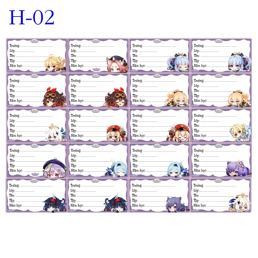Nhãn vở anime Gemshin Impact các mẫu đẹp lung linh 1 set 20 cái nhãn vở khác nhau