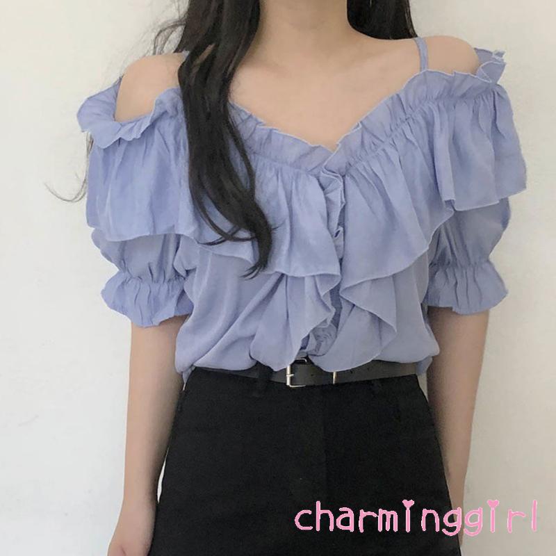 Áo Kiểu Trễ Vai Tay Ngắn Màu Trơn Thời Trang Mùa Hè Cho Nữ