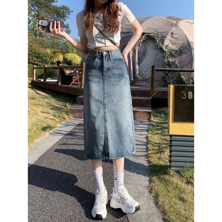 Chân váy bò nữ xẻ sau, chân váy bò nữ dáng dài