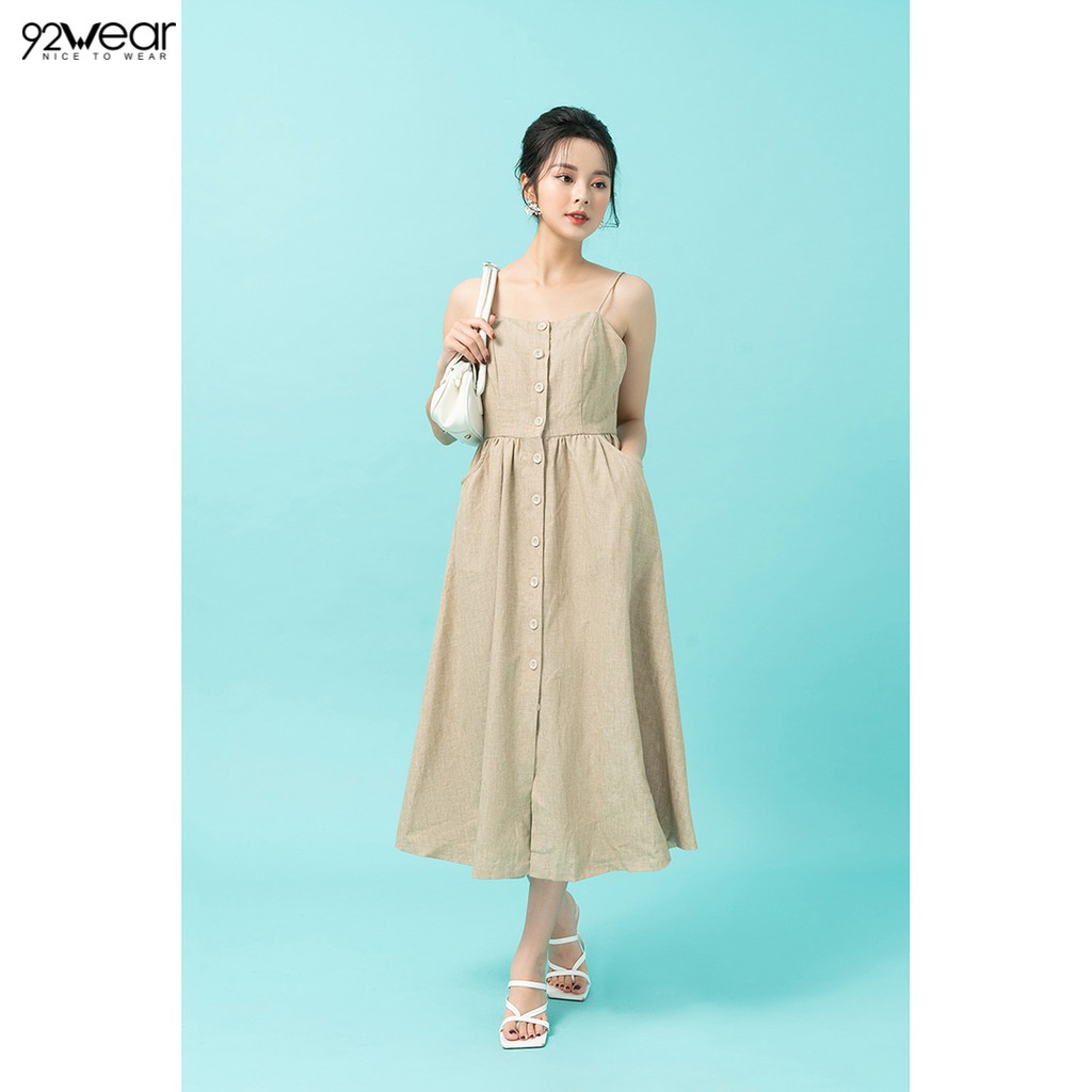 Đầm xòe thiết kế dự tiệc 92WEAR dáng dài, nẹp cúc thân trước DDW1070