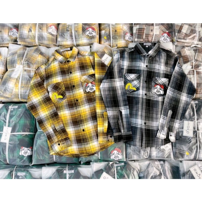 Áo Sơ Mi Nam Nữ Caro Nỉ Tay Dài EVISU In Hình Ông Địa Nhiều Màu Siêu Xinh - Super Fashion P