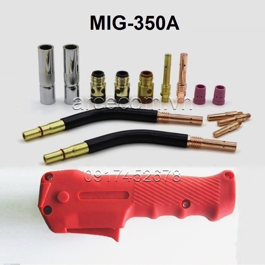 Bộ 10 Phụ kiện súng hàn mig 350 .Mỏ hàn. Bép hàn. Cách điện. Nối bép. Cổ cong. Găng hàn.. Ruột gà. Chụp khí.
