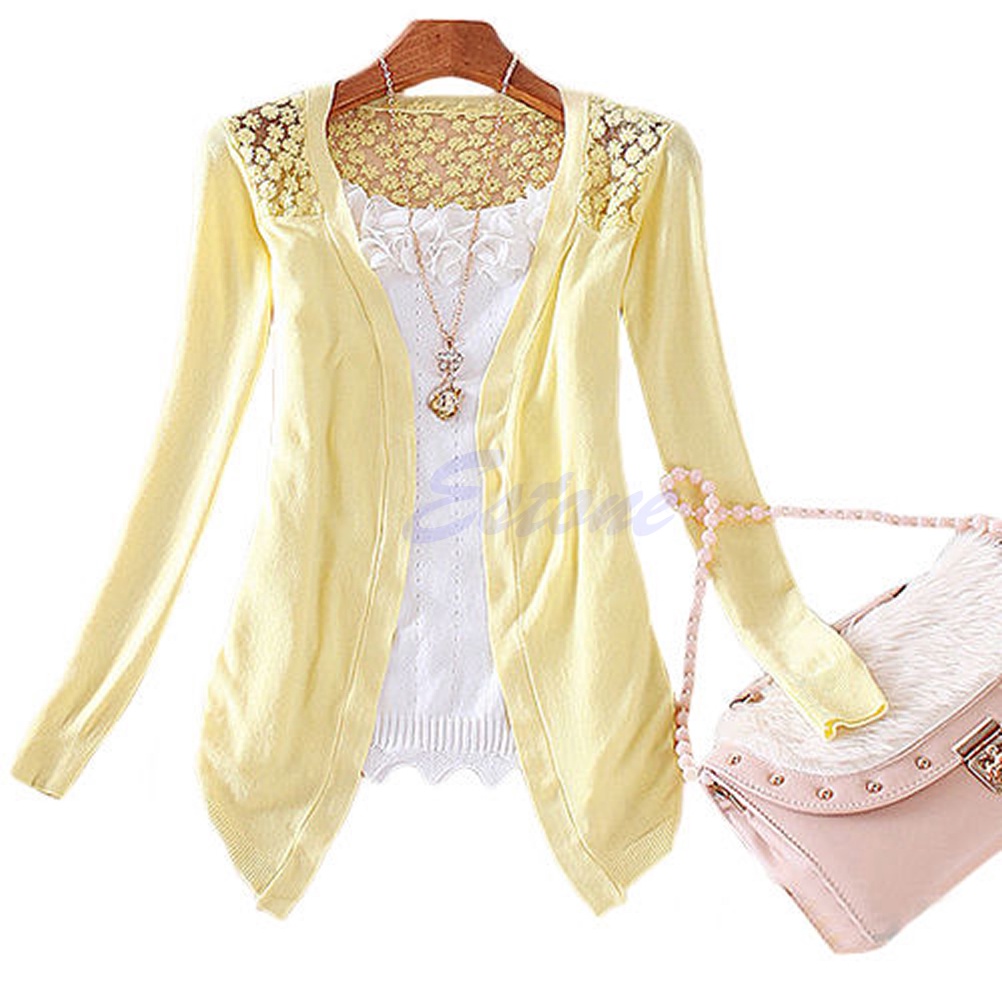 Áo Khoác Cardigan Dệt Kim Phối Ren Màu Sắc Ngọt Ngào Xinh Xắn Cho Nữ