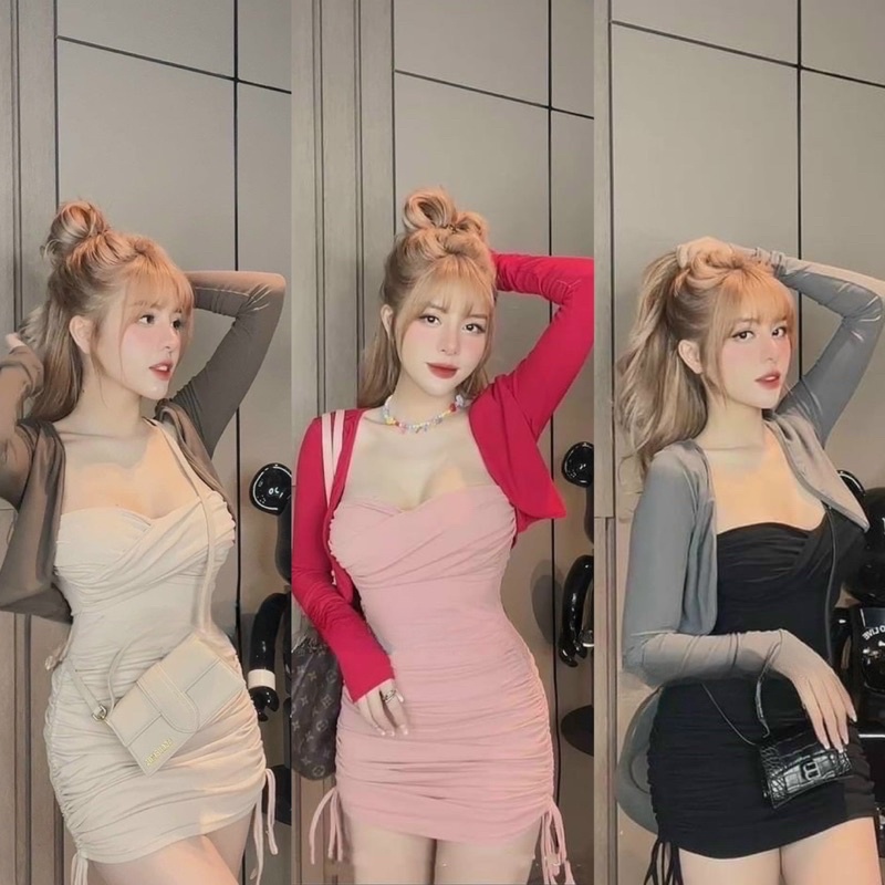 Set Đầm 2 Dây Xoén Ngực Nhún Rút 2 Bên Kèm Khoác Croptop Siêu Phẩm 4567