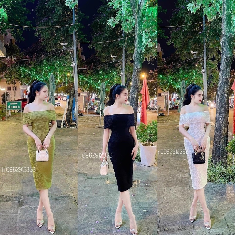 Váy body sóng nhăn trễ vai dáng dài siêu tôn dáng mã V125