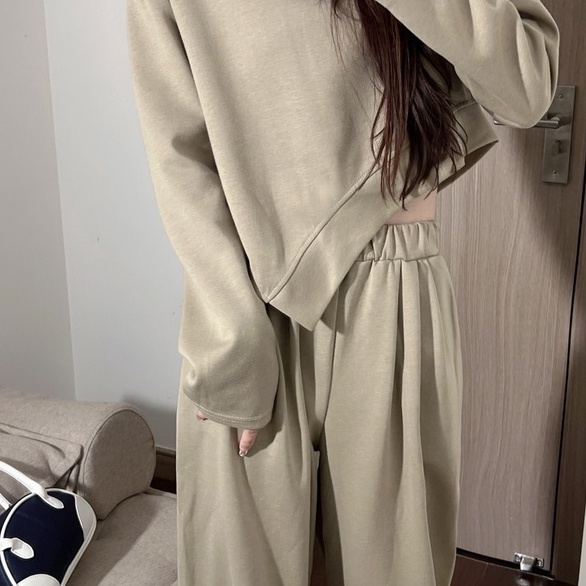 ZHELIHANGFEI Set Áo Thun Tay Dài Phối Quần Dài Lưng Cao Ống Rộng Thời Trang Cá Tính Cho Nữ