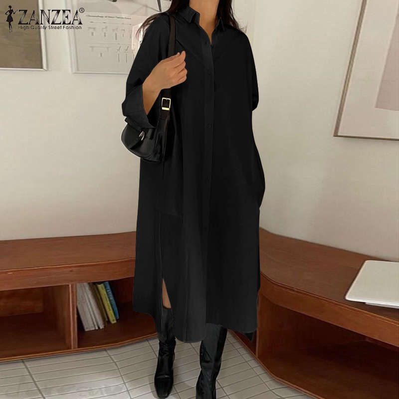 Đầm maxi ZANZEA cổ lật dài nút dáng rộng màu trơn phong cách vintage dành cho nữ