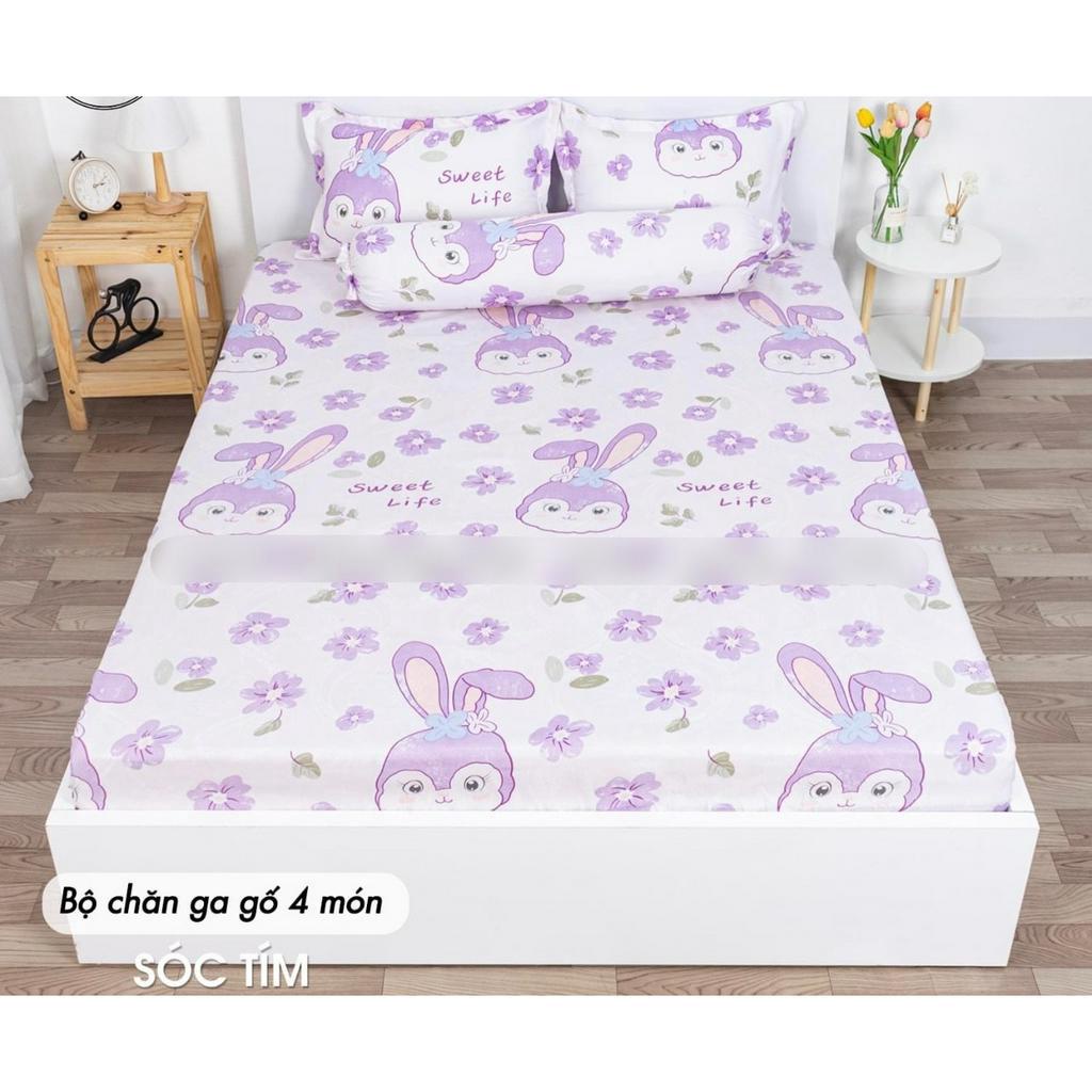 Bộ chăn ga gối Sóc Tím Cotton Poly, set chăn ga gối sóc tím cotton poly tặng kèm hạt xả vải