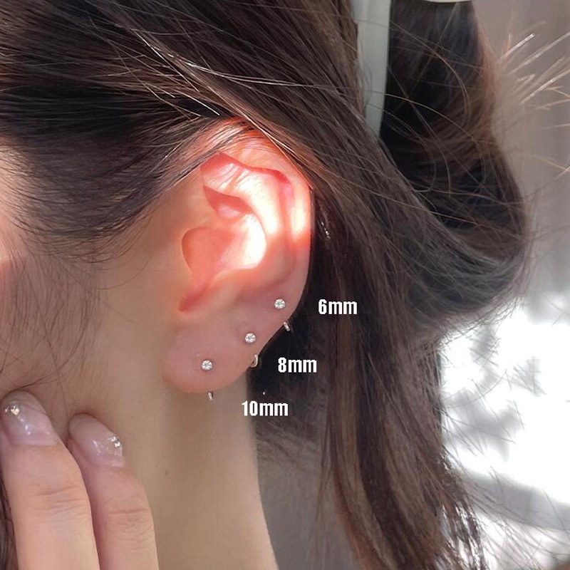 1 Đôi Bông Tai Mạ Bạc 925 Dạng Vòng Đính Đá Zircon Chống Dị Ứng 6 / 8 / 10mm Đơn Giản Dành Cho Nữ