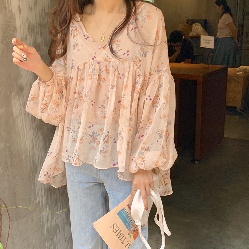 Áo chiffon tay phồng in hoa nhí xinh xắn cho nữ