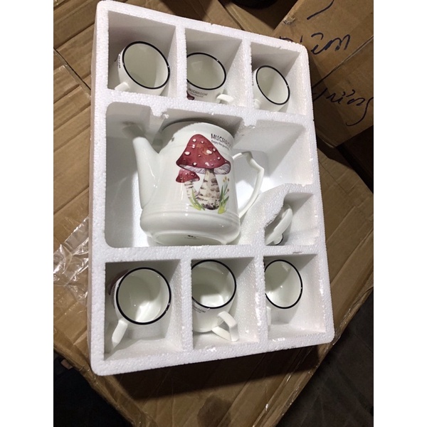 Bộ bình ly uống trà kèm khay bằng sứ cao cấp nguyên hộp làm quà tặng sang trọng