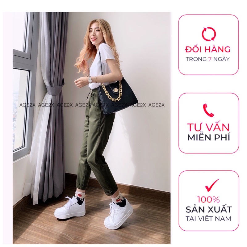 Quần Baggy nữ Kaki AGE2X hàng vnxk chất kaki cotton wash mềm xịn, co giãn, cử động thoải mái, có dây rút và lưng thun