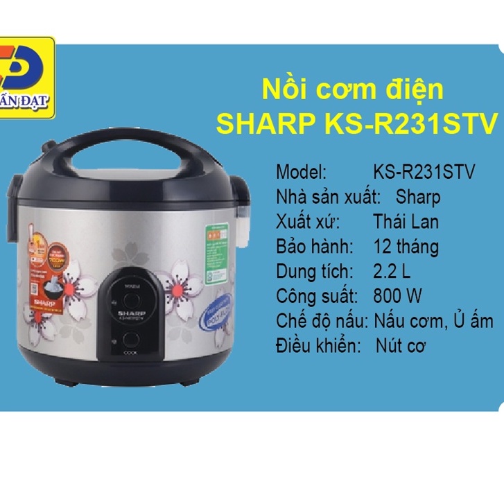 Nồi cơm điện Sharp 2.2 lít KS-R231STV MỚI 100% -Lòng nồi phủ chống dính -Bảo Hành 12 tháng