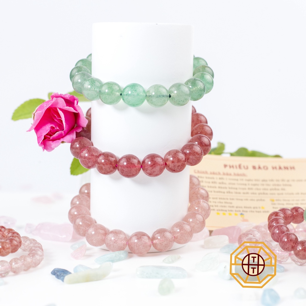 Vòng Tay Phong Thuỷ Đá Thạchh Anh Dâu Tây Xanh, Hồng Tự nhiên [TẶNG HỘP GỖ] Nữ mệnh Mộc Hỏa Thổ - Phong Thủy Tây Tạng