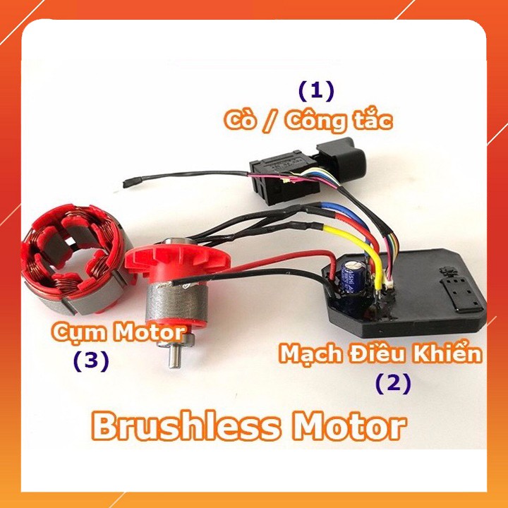 Mạch điều khiển, công tắc điều tốc, cuộn dây Stato, Rotor máy vặn bulong 18V không chổi than.