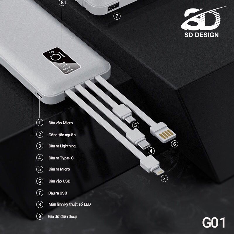 Sạc Pin Dự Phòng Đa Năng G01 10.000 mAh  Tích Hợp 4 Cáp Sạc siêu tiện lợi - Bảo hành 12 tháng chính hãng SD Design