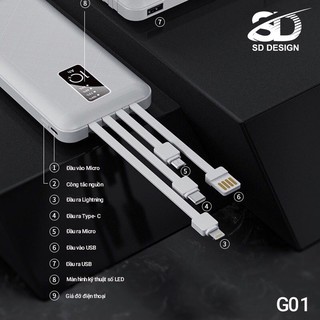 Sạc pin dự phòng 10000 Mah Kèm Cáp G01 chính hãng SD Design 3in1, sạt kiêm giá đỡ, xạc bảo hành 1 năm
