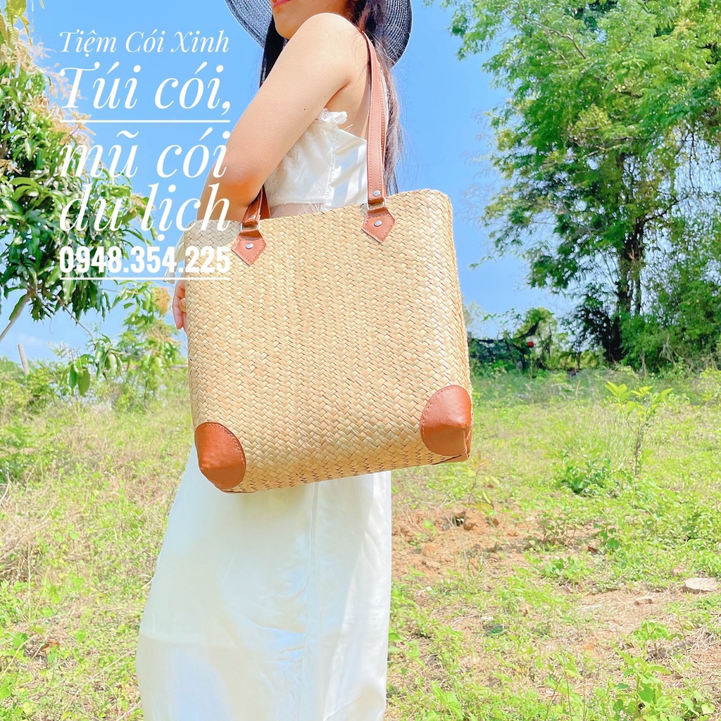 Túi Cói To Cỏ Bàng Đeo Vai Dây Da Đi Biển, Công Sở Phom Vuông Vắn Siêu Xinh