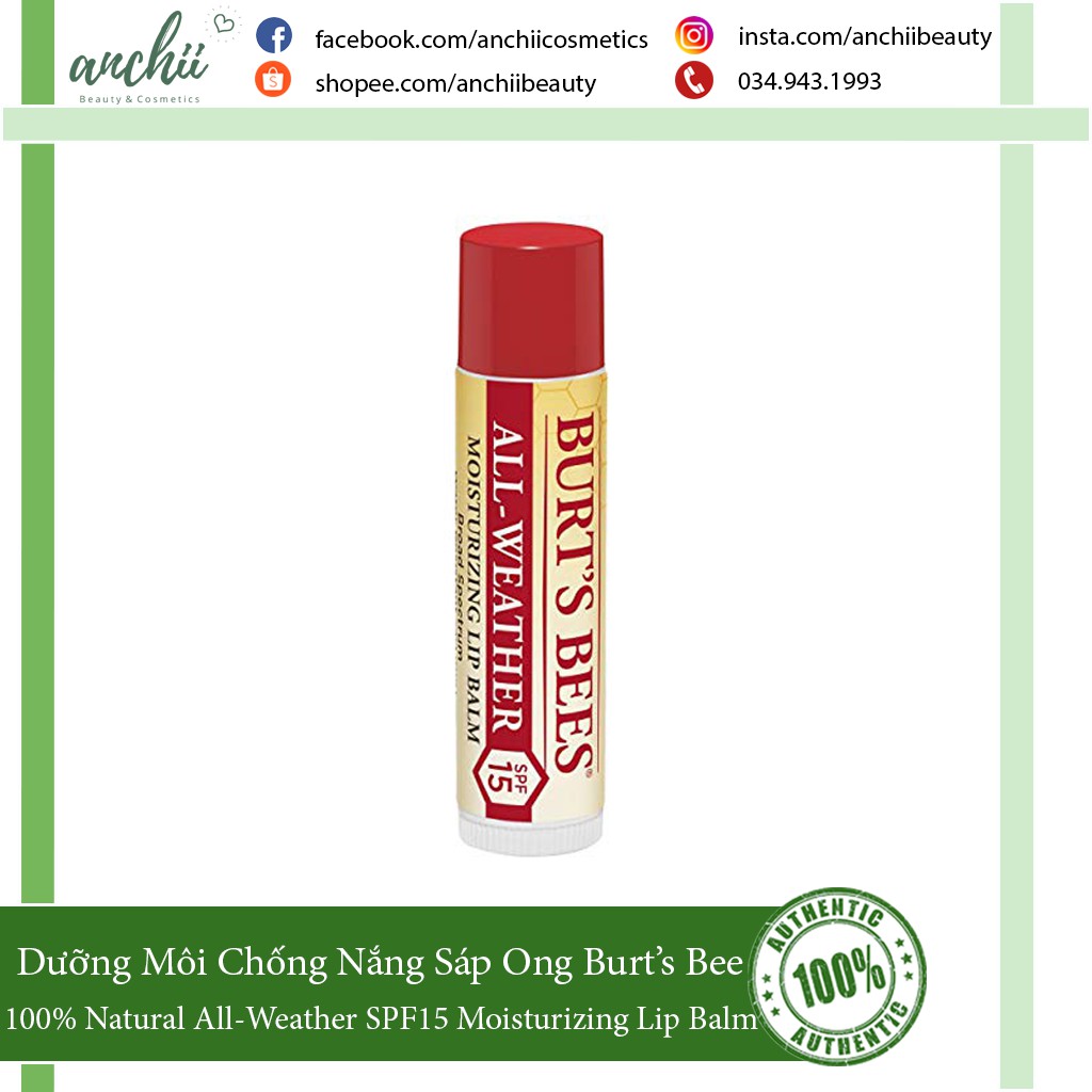Son Dưỡng Chống Nắng Burt's Bees 100% Natural All-Weather SPF15 Moisturizing Lip Balm, Water Resistant