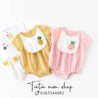 (Ảnh thật) Set body cho bé caro thô đũi mềm kèm yếm dứa/ dâu tây