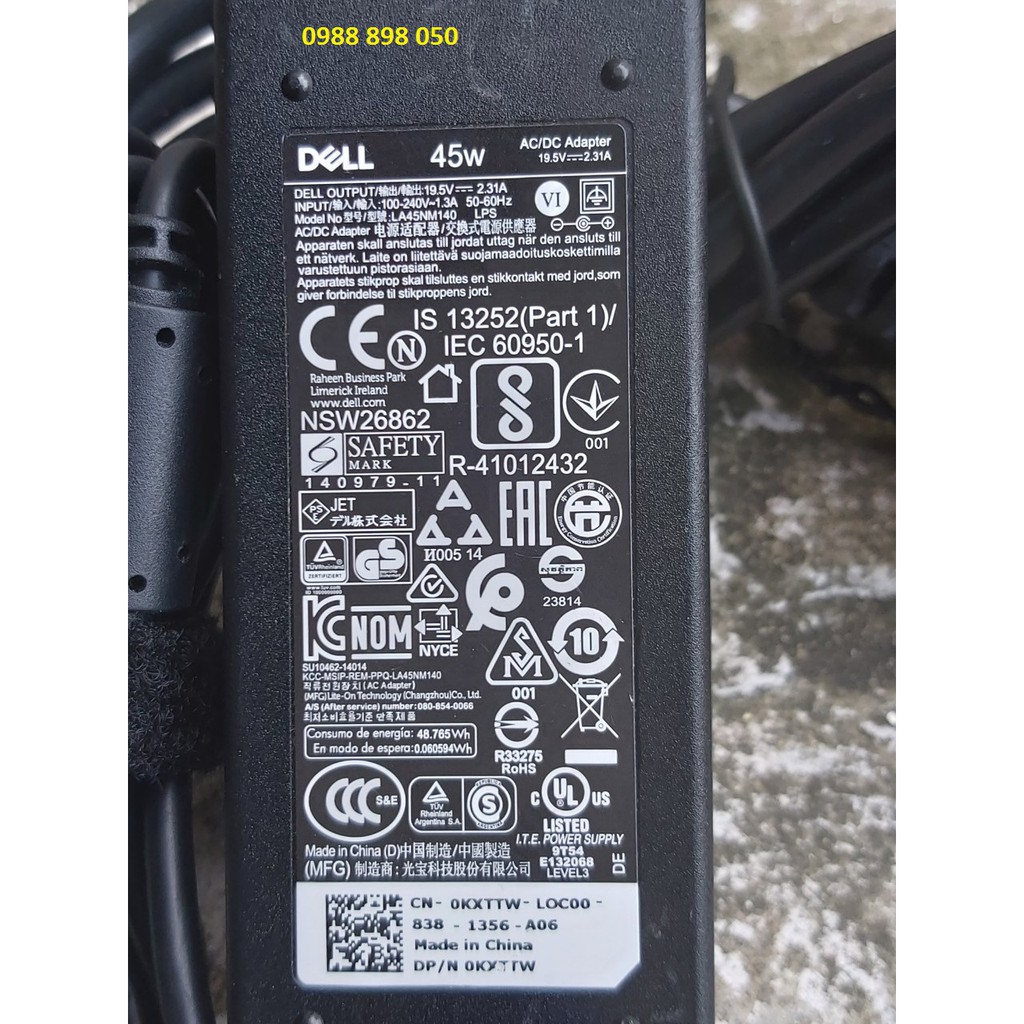 Sạc dell 19.5v 2.31a 45w chân kim nhỏ hàng zin bóc máy