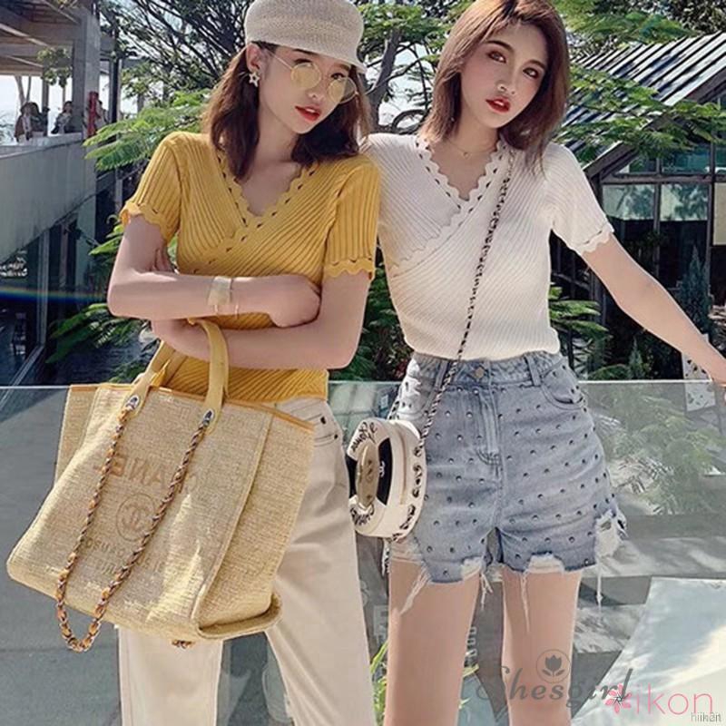 Women V Neck Solid Sexyshort Sleeve Knitted Slim T-Shirt | BigBuy360 - bigbuy360.vn