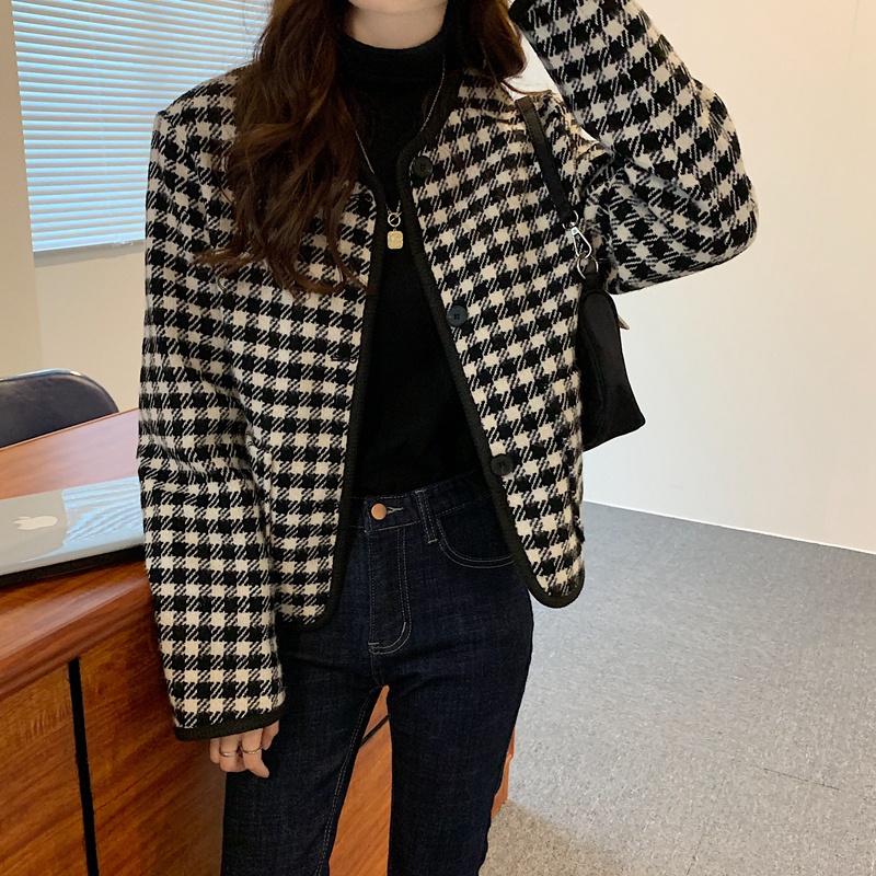 Áo khoác tay dài cổ tròn họa tiết sọc caro 46617 | BigBuy360 - bigbuy360.vn