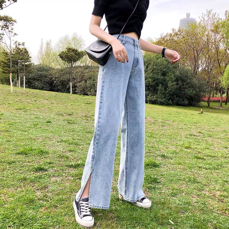 Quần Jeans Cạp Cao Ống Rộng Xẻ Gấu_j6