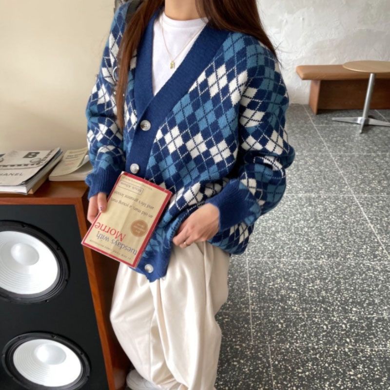 Áo Khoác Sweater Tay Dài Dáng Rộng Họa Tiết Kẻ Sọc Caro Phong Cách Retro Đơn Giản