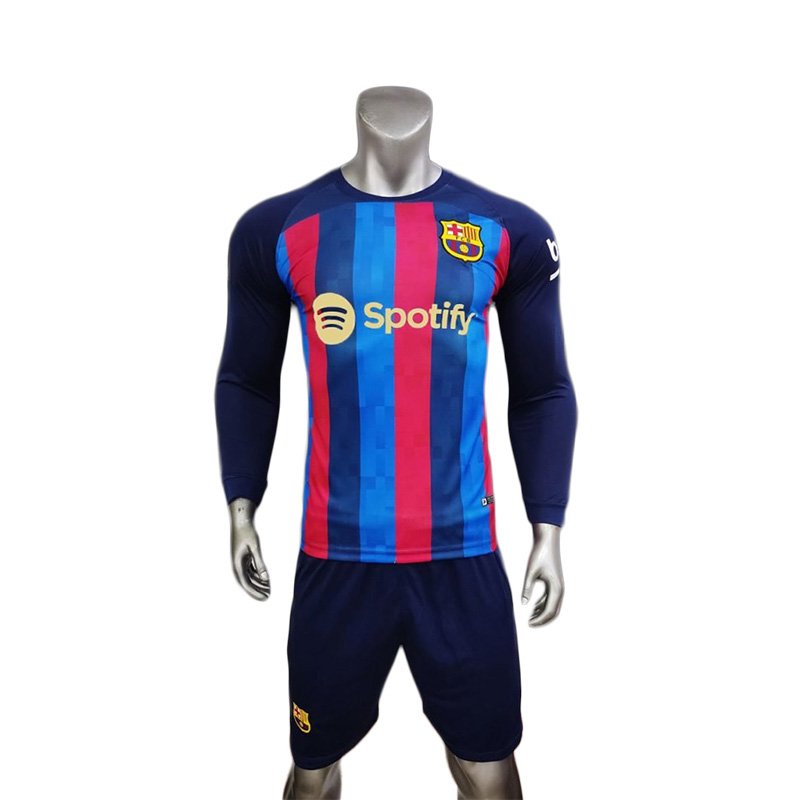 Quần áo Barcelona 22-23 tay dài màu xanh sọc đỏ CÓ IN tên số (chữ bụng màu vàng)