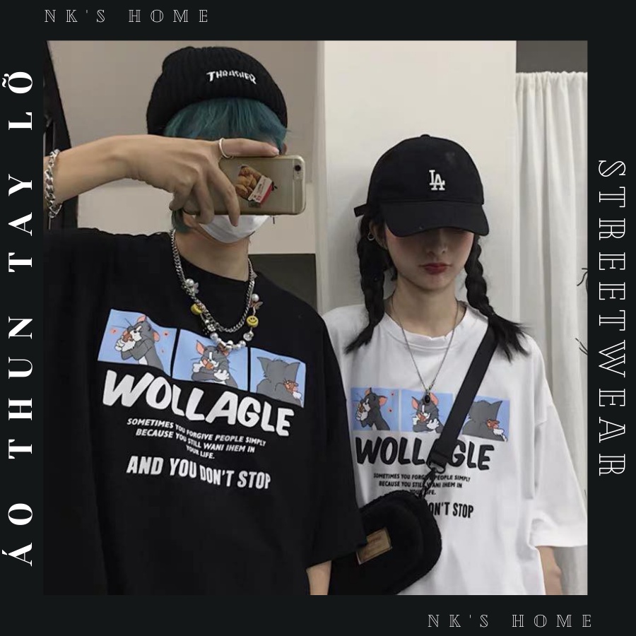 Áo thun tay lỡ unisex WOLLAGE- Áo phông nữ form rộng cho cặp đôi phong cách hàn quốc vải dày dặn, thoáng mát